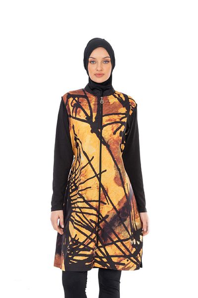 allsea Orange Patterned Full Covered Hijab Swimsuit – Zippered C9T2N06