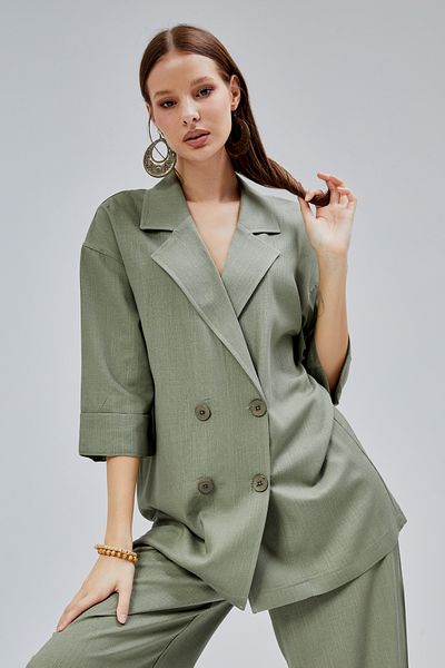 Bolivente Khaki Oversize Half Sleeve Linen Suit