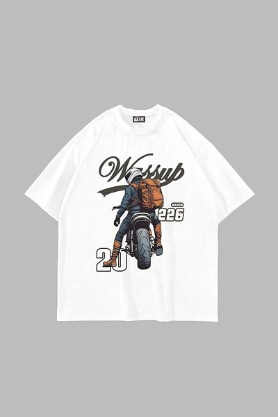 Sekizbiraltı Λευκό μπλουζάκι Moto Rider με στάμπα Oversize Unisex