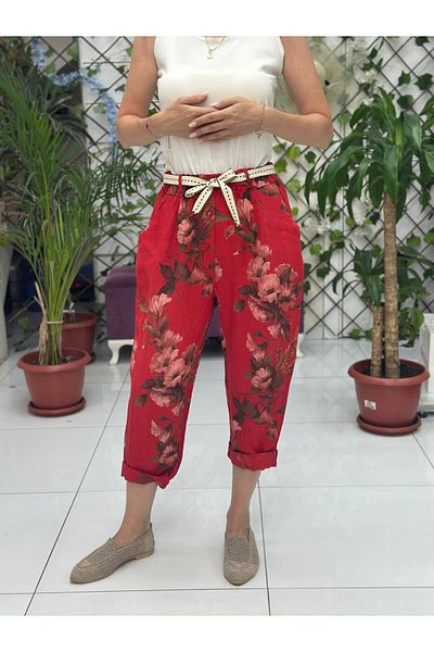 Punta Otantik Nc7232 Italian High Waist Linen Ankle Pants Red