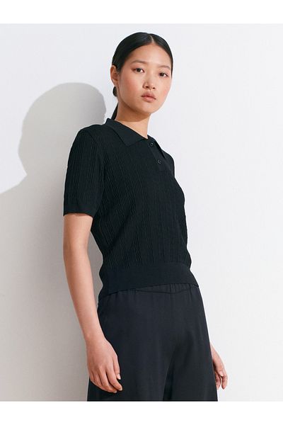 Dilvin 10781 Polo Neck Button Openwork Knitwear Blouse-Black