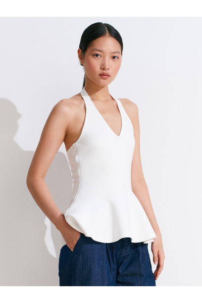 Dilvin 10785 Bluză de tricotaj peplum cu decolteu în V Halter-alb