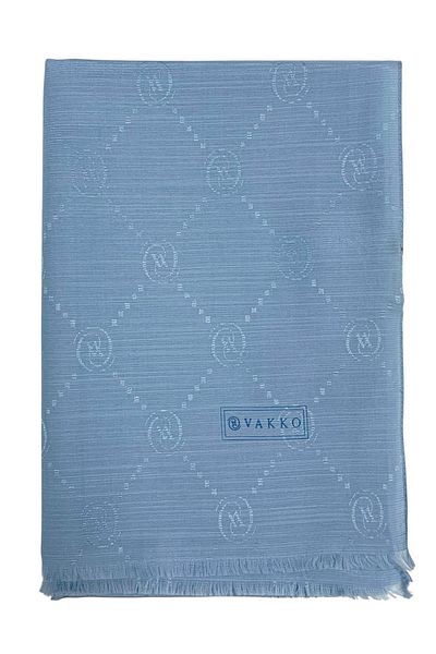 Vakko Cotton Silk Shawl - Monogram - Light Blue
