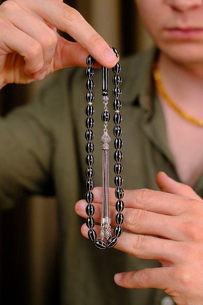 dergah tesbih Silver Design Watermelon Sliced Erzurum Oltu Stone Prayer Beads
