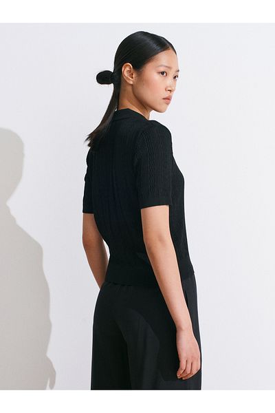 Dilvin 10781 Polo Neck Button Openwork Knitwear Blouse-Black