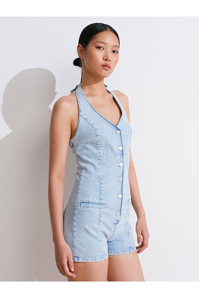 Dilvin 72023 Salopetă scurtă din denim cu flotă în față-albastru