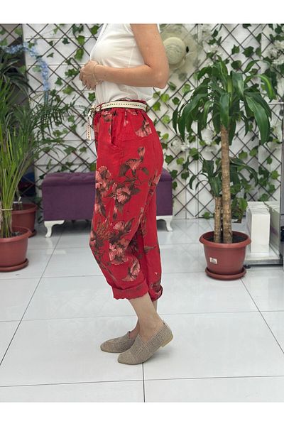 Punta Otantik Nc7232 Italian High Waist Linen Ankle Pants Red