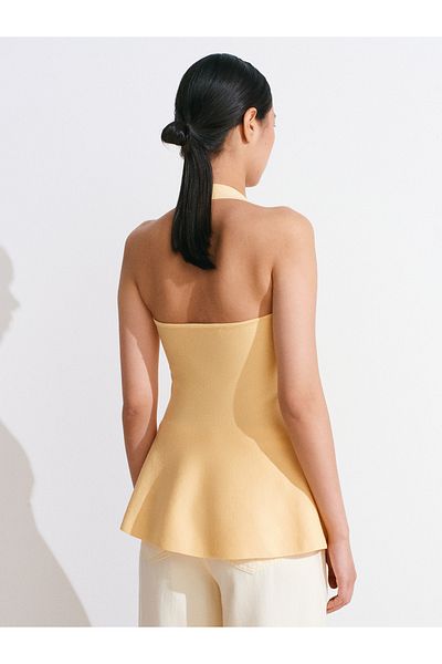 Dilvin 10787 Halter Neck Metal Detailed Peplum Knitwear Blouse-Yellow