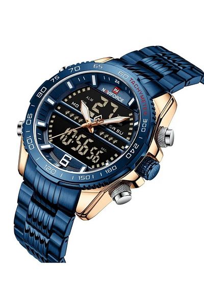 Naviforce Mens Dual Display Sport Watch Blue Rose Gold Stainless Steel Band Analog Digital Quartz Movement