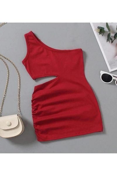 Machetta Girl's One Shoulder Low-Cut Detail Mini Strap Dress