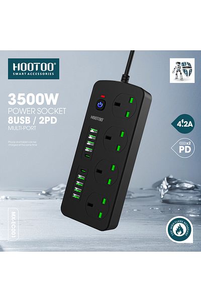 HooToo Original 3000W Power Strip - 4 Sockets, 8 USB Ports, 2 Type-C PD Ports, 3m Cord, High Safety.