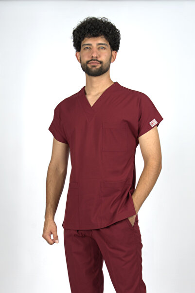 SEZA TEKSTİL Burgundy Premium Flex Unisex Lycra Scrubs Uniformă Doctor Asistentă Top Singular