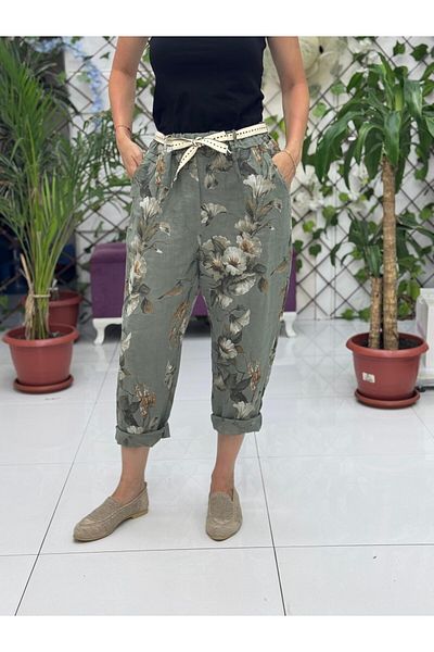 Punta Otantik Nc7232 Italian High Waist Linen Ankle Pants Khaki