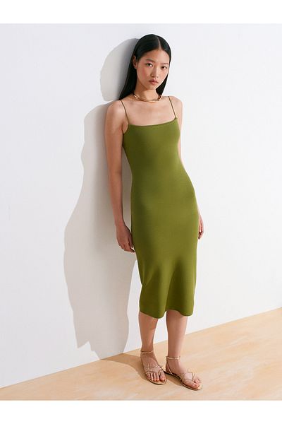 Dilvin 91495 Strap Midi Dress-Oil Green