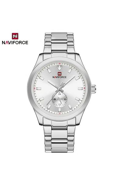Naviforce Men's Luxury Silver Stainless Steel Watch – White Dial Waterproof Luminous Hands Elegant Dress