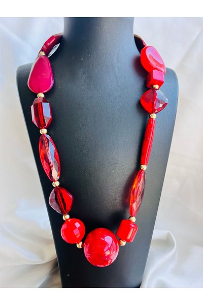 COCOSH TAKI Asymmetrical Long Multi-Design Necklace with Red Stones and Gold Details