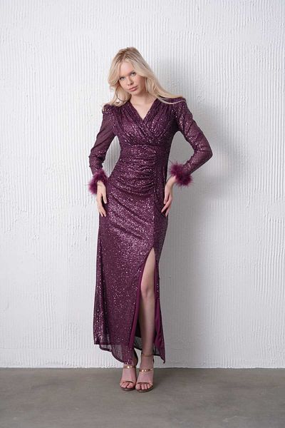 CİXAPLE Double Breasted Collar Long Sleeve Feather Detailed Dress