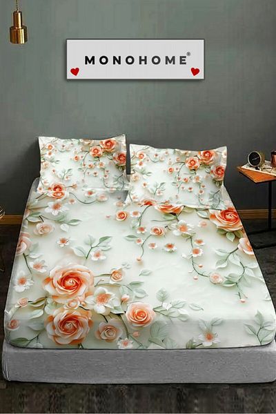MonoHome 100% Cotton Fitted Sheet Special Design 5D Digital 60 Wire Salmon Flowers