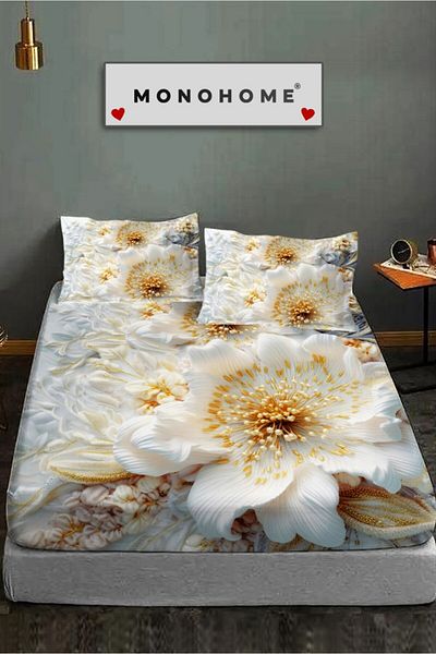 MonoHome 100% Cotton Fitted Sheet Special Design 5D Digital 60 Wire White Rose