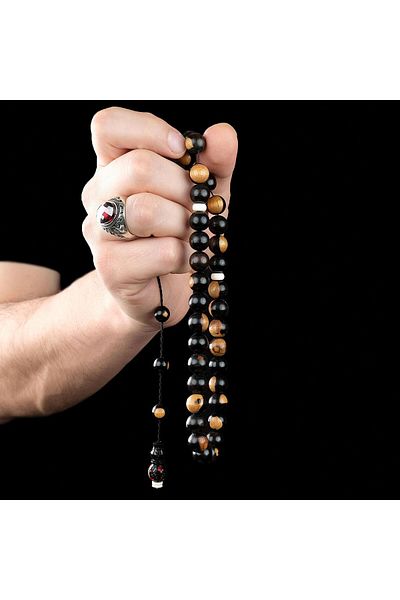 TESBİHCİBABA Master Craftsmanship Embroidered Imam's Spotted Ebony Wood Prayer Beads