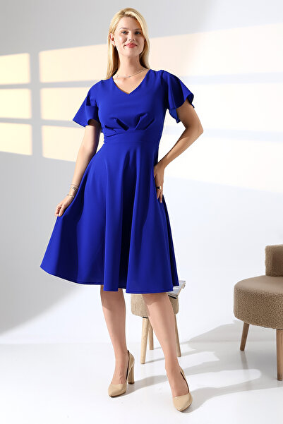 Fasmia SAKS V YAKA ÖN PİLELİ ELBİSE