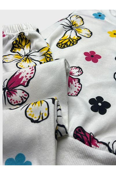 Pajama Shop Girls' Cotton Hooded White Color Butterflies Patterned Long Sleeve Winter Pajama Set