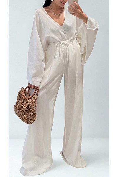 STLB V-Neck Wide Sleeve Blouse-Linen Suit with Wide Leg Pants with Elastic Waist