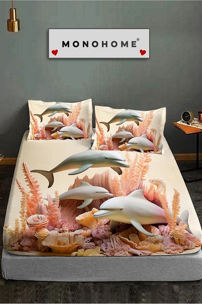 MonoHome 100% Cotton Fitted Sheet Special Design 5D Digital 60 Wire Dolphins