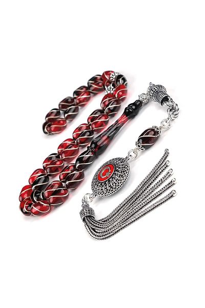 TESBİHCİBABA Spiral Silver Craftsmanship Night Red Fire Amber Prayer Beads