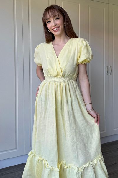Dilay Gökoğlu Butik Yellow Muslin Fabric Short Sleeve Dress