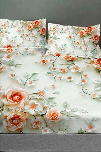 MonoHome 100% Cotton Fitted Sheet Special Design 5D Digital 60 Wire Salmon Flowers