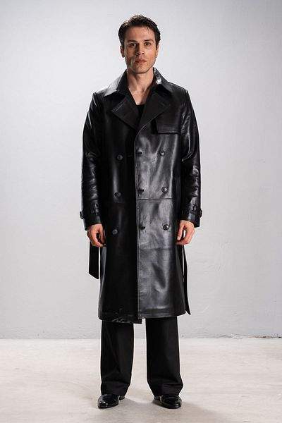 Dericlub Harvard Men's Cape Real Leather Trench Coat Black