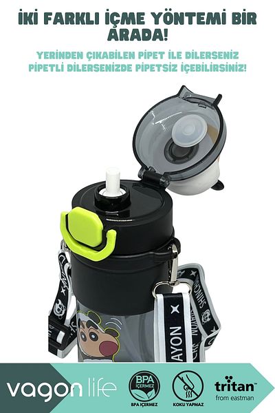 Vagonlife 650ml Crayon Shinchan Figured Cover Tritan Water Bottle with Straw/Without Straw Use with Hand Strap