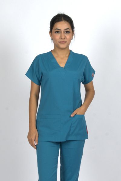 SEZA TEKSTİL Petrol Green Salmon Premium Flex Unisex Lycra Scrubs Doctor Nurse Uniform Single Top