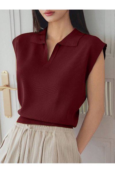 AQE FASHION Women's 2-Piece Zero Sleeve Polo Neck Sleeveless Relaxed Fit Anti-Sweat Burgundy-Mint Blouse