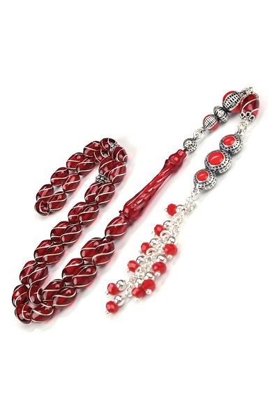 TESBİHCİBABA Spiral Silver Craftsmanship Special Tassel Fire Amber Prayer Beads