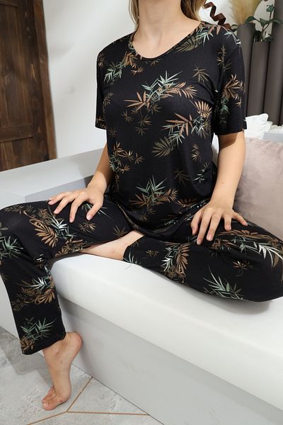 Miss Meryem Black Ring Viscose Leaf Pattern Short Sleeve Pajama Set
