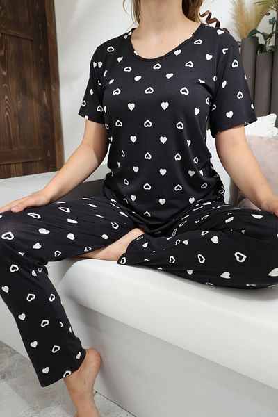 Miss Meryem Black Ring Viscose Heart Pattern Short Sleeve Pajama Set