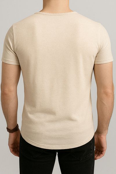 BYBÜLENT Ανδρική μπεζ οβάλ φούστα με φαρδύ γιακά Slim Fit κοντομάνικο T-shirt