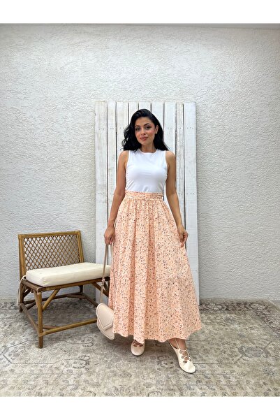 KÜÇÜĞÜM BUTİK Fusta evazată din poplin cu margarete de somon
