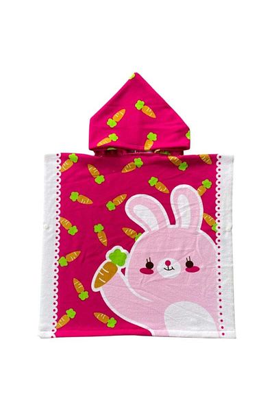 BaoBao Children's poncho towel 56x60 cm with hood and pink bunny - cheerful pattern for the beach or bathroom