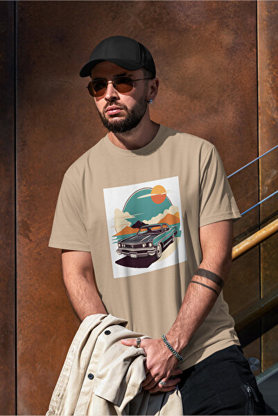VERSCOVE Beige Colored Retro Car Printed Oversize T-Shirt – Mountain View Design