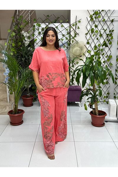 Punta Otantik Nc61253 Italian Floral Printed Linen Suit Coral