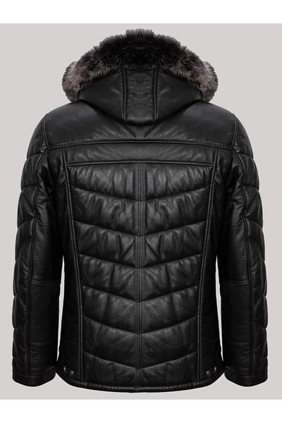 Deri Ceket Genuine Leather Collar with Fur Black Straight Line Detail Four Pocket Puffer Men's Leather Coat