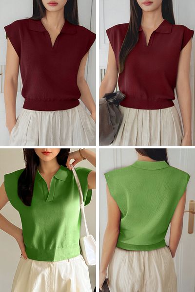 AQE FASHION Women's 2-Piece Zero Sleeve Polo Neck Sleeveless Relaxed Fit Anti-Sweat Burgundy-Mint Blouse