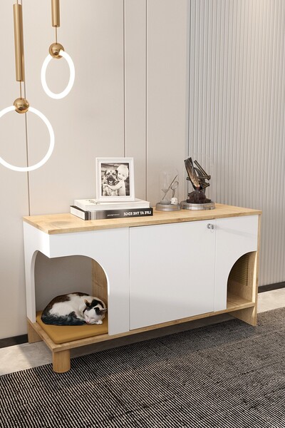 Mercie CHERİE Tırmalama Tahtalı- YATAKLI Ahşap Kedi Tuvaleti -Kapağı Kilitli ...