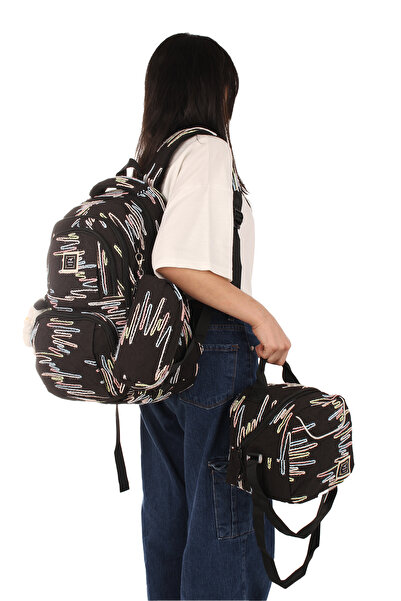 Fiyaka Rlx-1430 Set of 3 Children's Middle School-Primary School Bag Backpack with Pen Holder and Lunch Bag Black