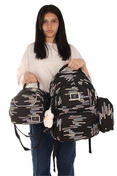 Fiyaka Rlx-1430 Set de 3 ghiozdane pentru copii pentru liceu și școală primară Rucsac cu suport pentru creion și cutie de prânz NEGRU