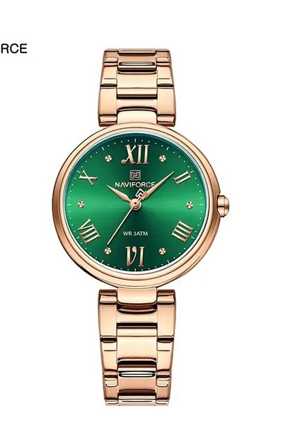Naviforce Women's Elegant Quartz Watch – Green Dial & Rose Gold Stainless Steel Bracelet