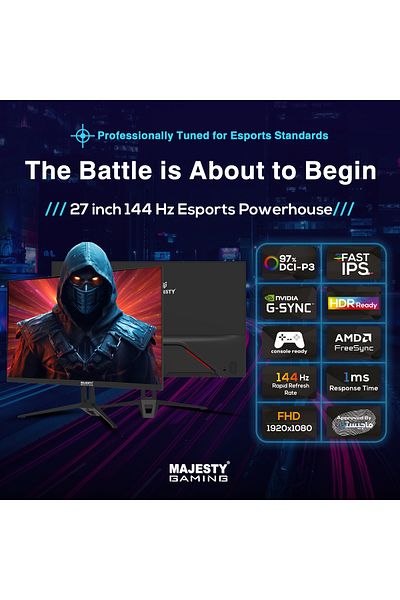 majesty 27" FHD Gaming Monitor | 144Hz | 1ms | G-SYNC | HDR | 100% sRGB | IPS | Speakers | HDMI DP | VESA